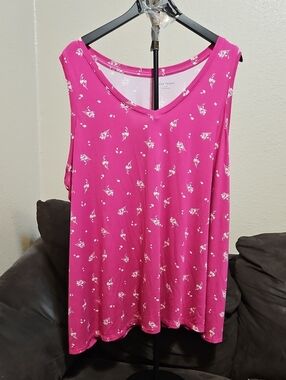 Lane Bryant Bright Pink Floral V-Neck Tank Top